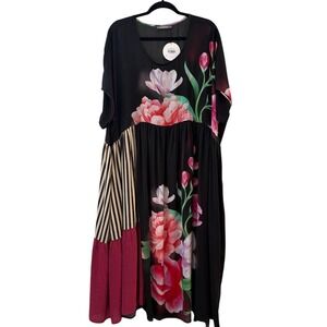 Alembika Peony‎ Floral Striped Mixed Media Maxi Dress Black Pink Size 7 Plus NEW